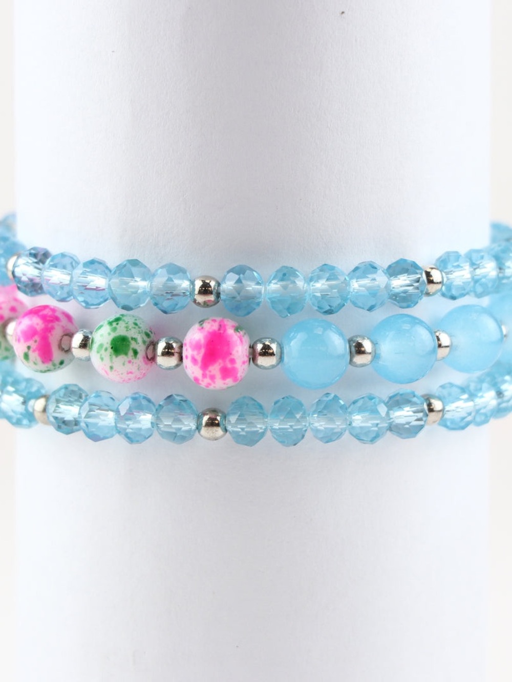 Blue Beaded Stretch Bracelet Stack with Pink & Green Accent Beads